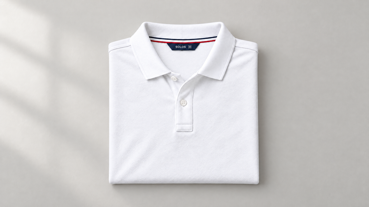 Folded white SOLOS polo with narrow collar and striped neck tape on a neutral surface