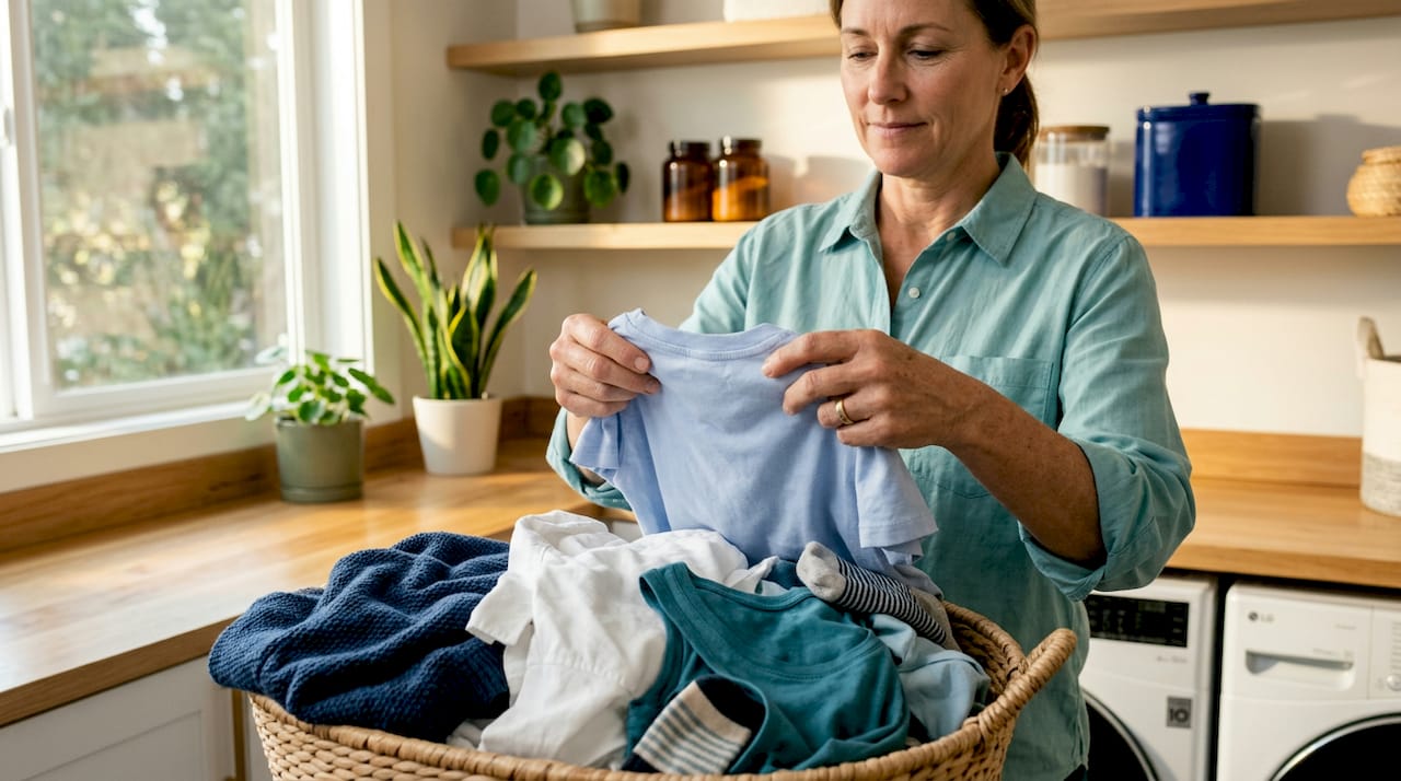 Woman folding cotton clothes in laundry room