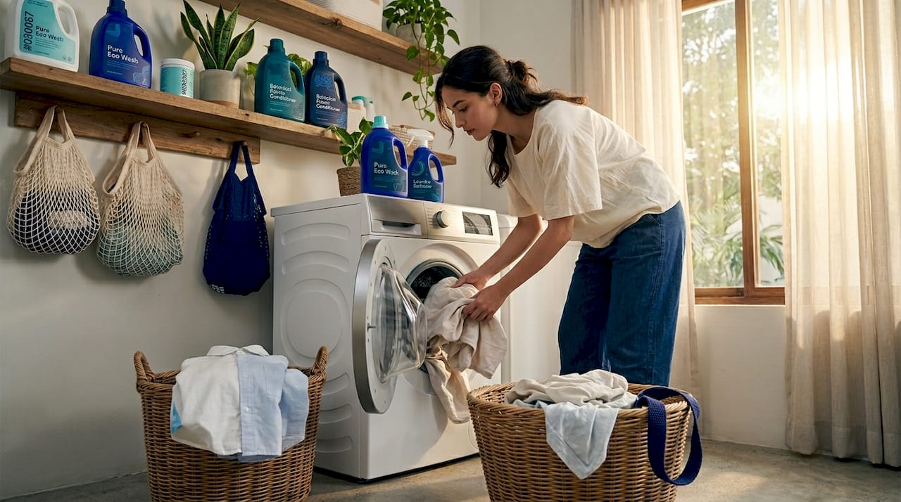 Woman loading eco-friendly cotton laundry