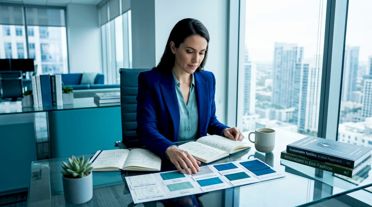 Sustainable fashion expert reviewing fabric samples