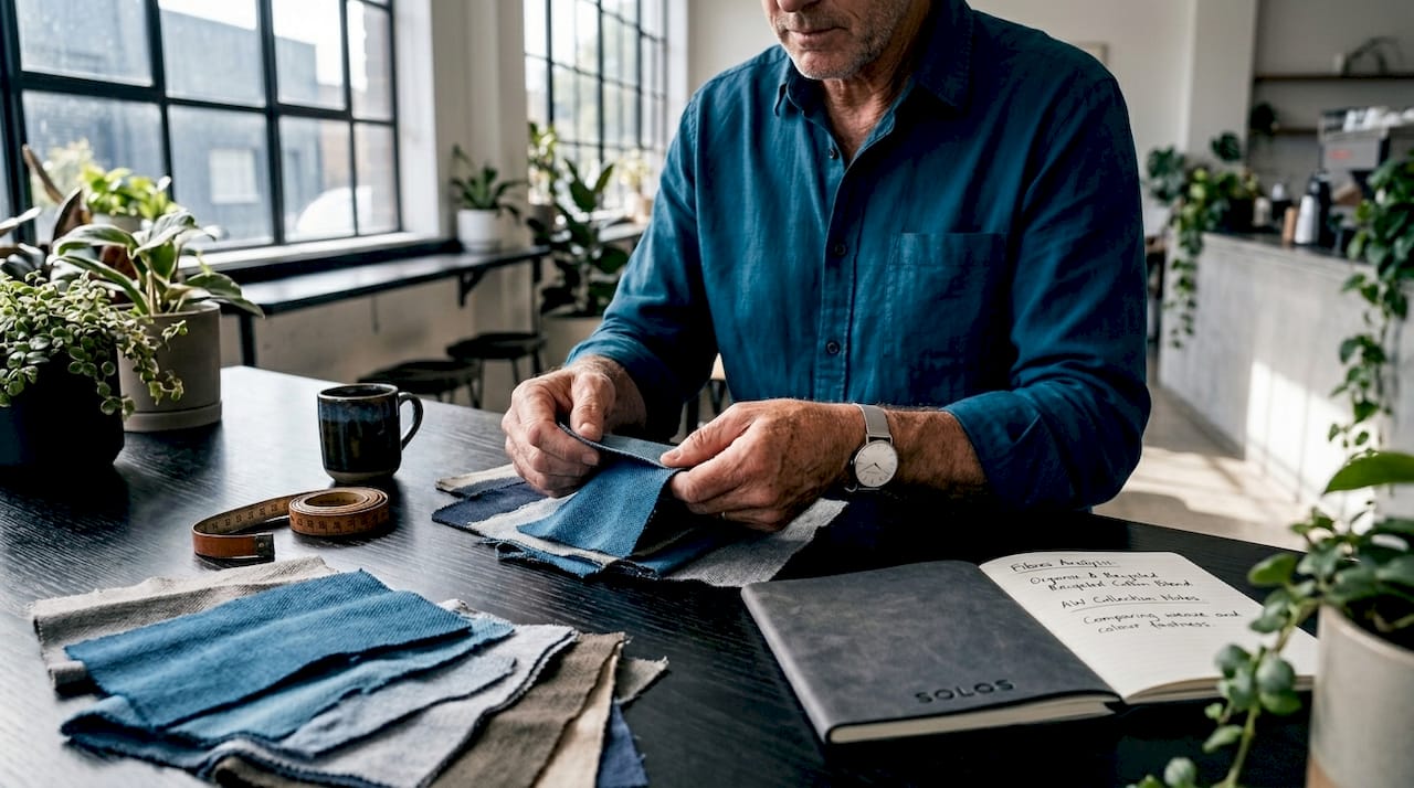 Hands examining sustainable cotton fabric samples