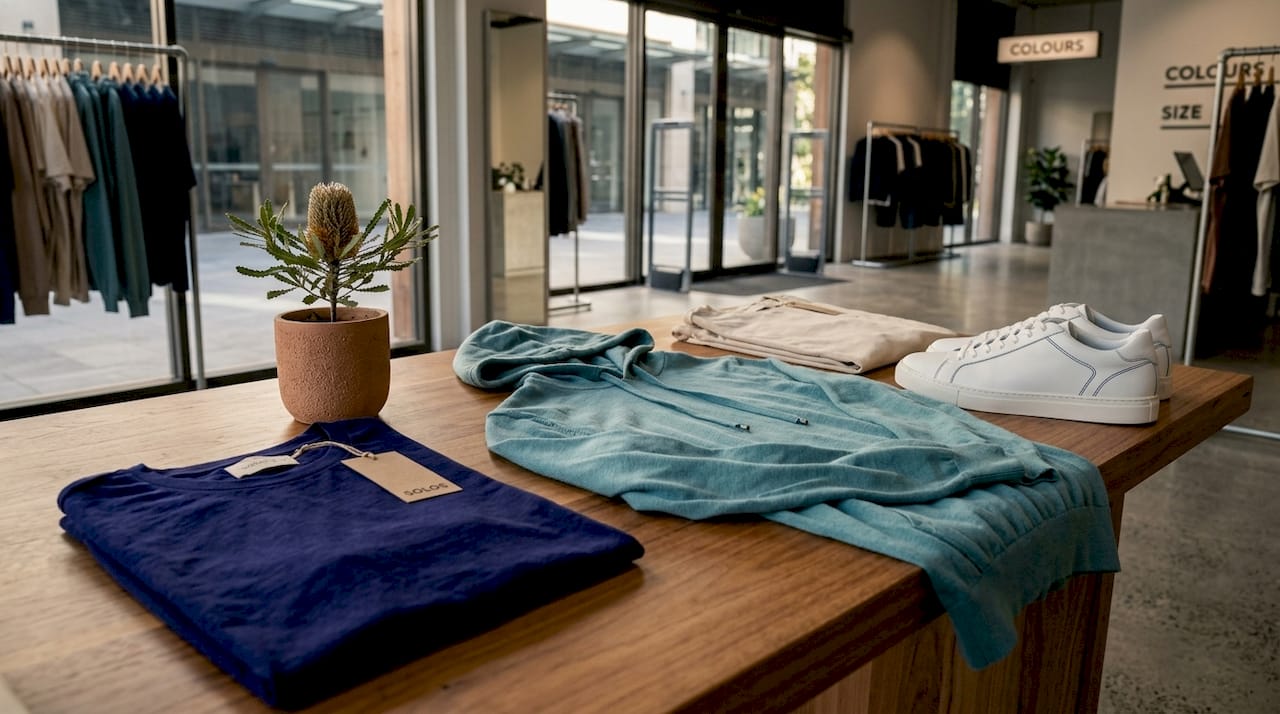 Sustainable men’s clothing items neatly displayed