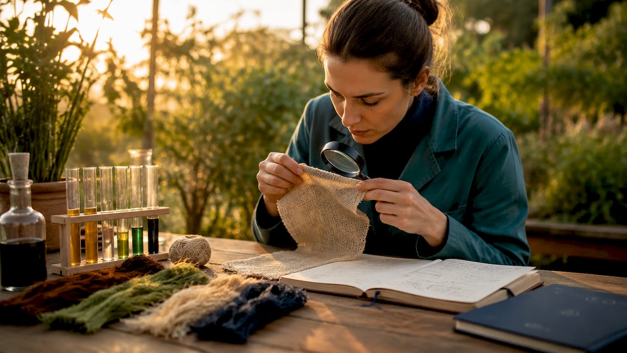 Scientist examining biodegradable fabric in lab