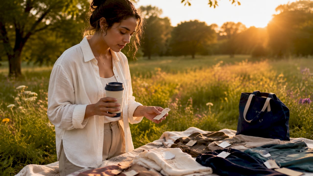 Woman checking sustainability clothing labels at café table