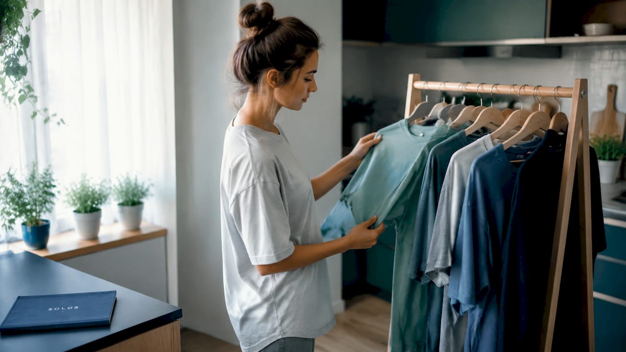 Woman examining eco-friendly fabric clothing