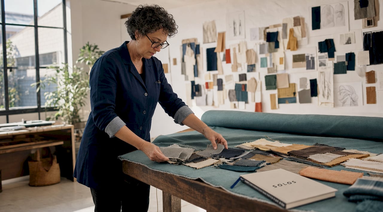 Textile expert inspecting cotton fabric swatches