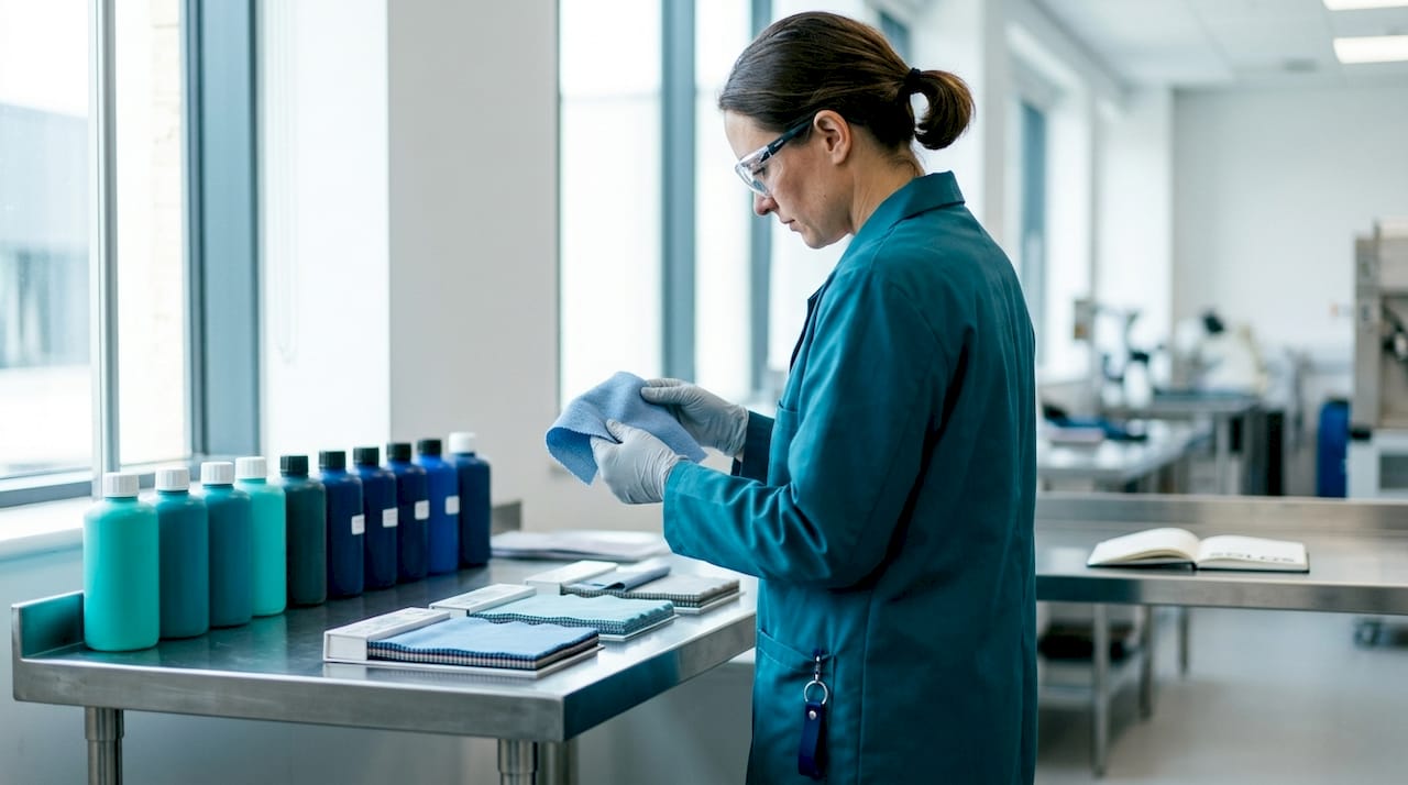 Textile technician examining eco-friendly fabric sample