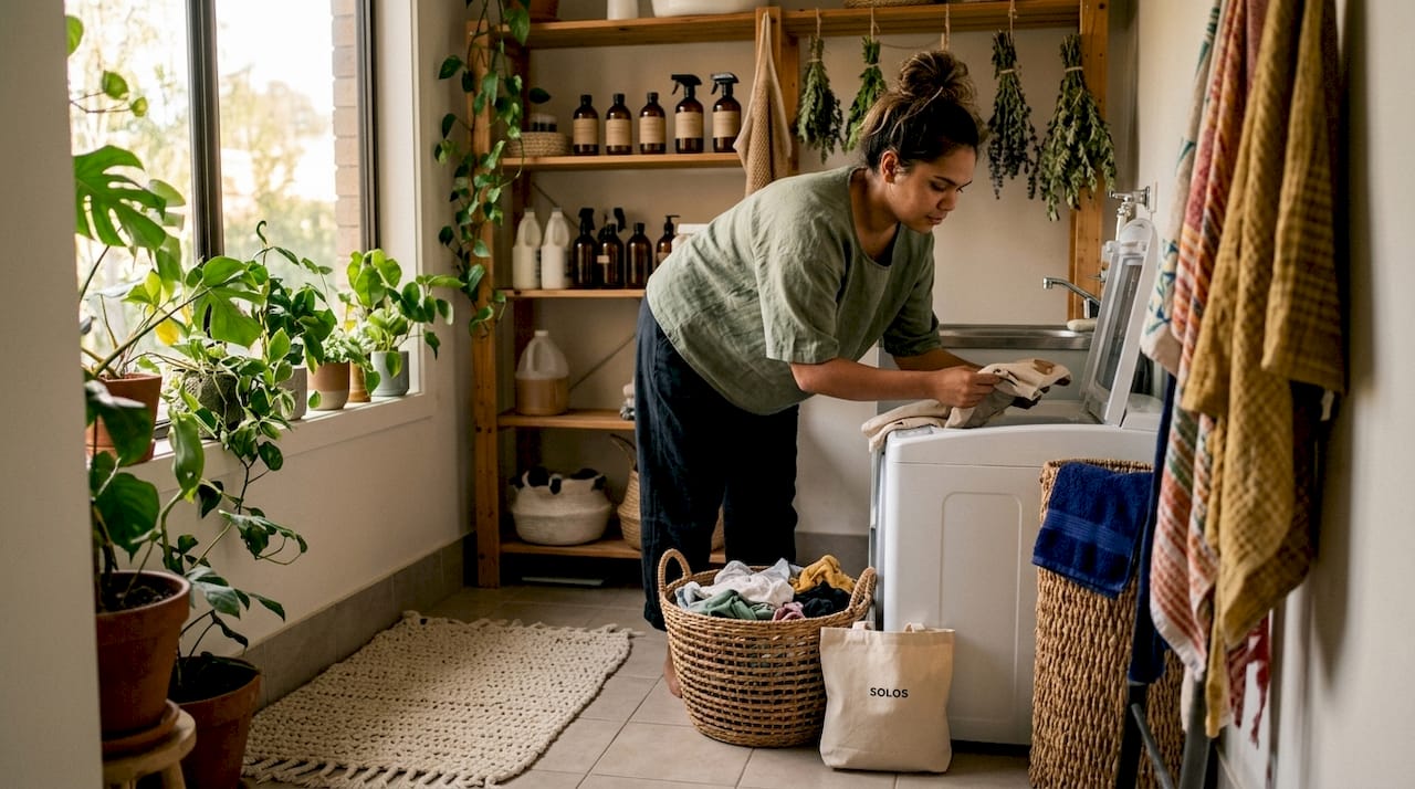 Woman loading eco-friendly laundry machine