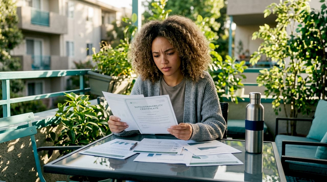 Woman reviewing sustainable clothing certificates