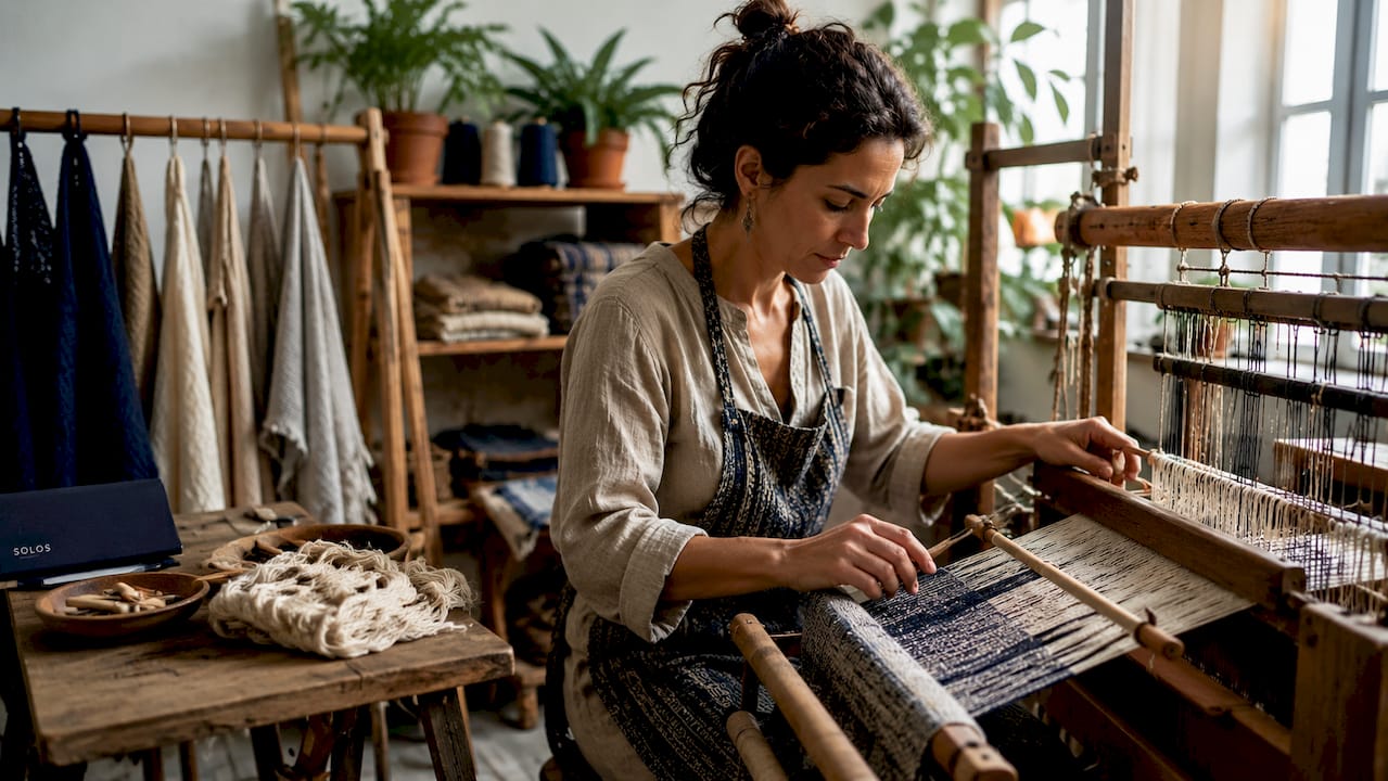 Artisan weaving fabric in bright workshop