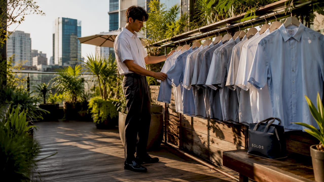 Man choosing formal short sleeve shirt in coworking lounge