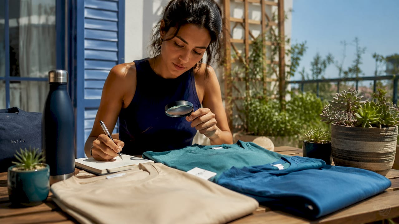 Woman inspecting fabric labels on sustainable clothes
