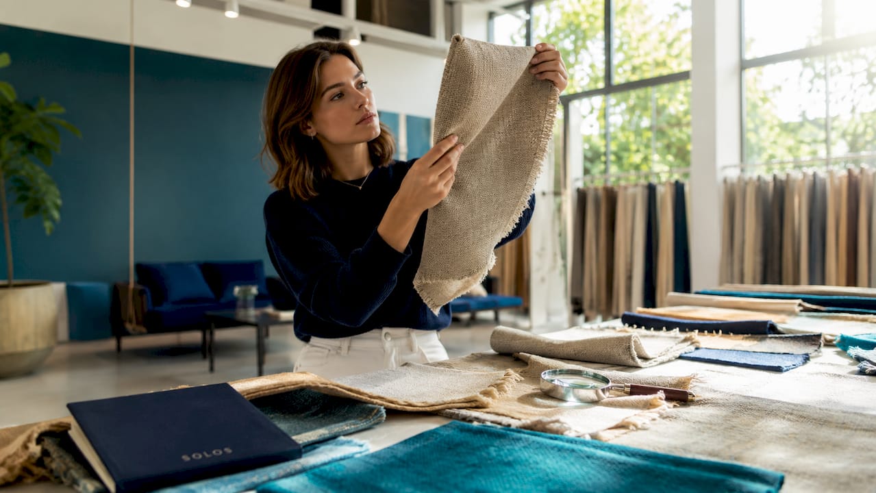Woman inspecting sustainable fabric sample in lab