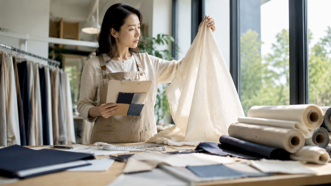 Textile inspector evaluating sustainable fabric roll