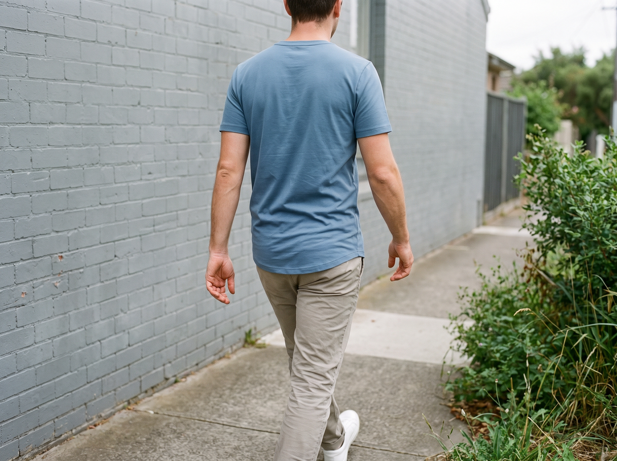 Natural rear-view photograph of a man wearing a blue SOLOS slim-fit crewneck T-shirt outdoors in soft daylight