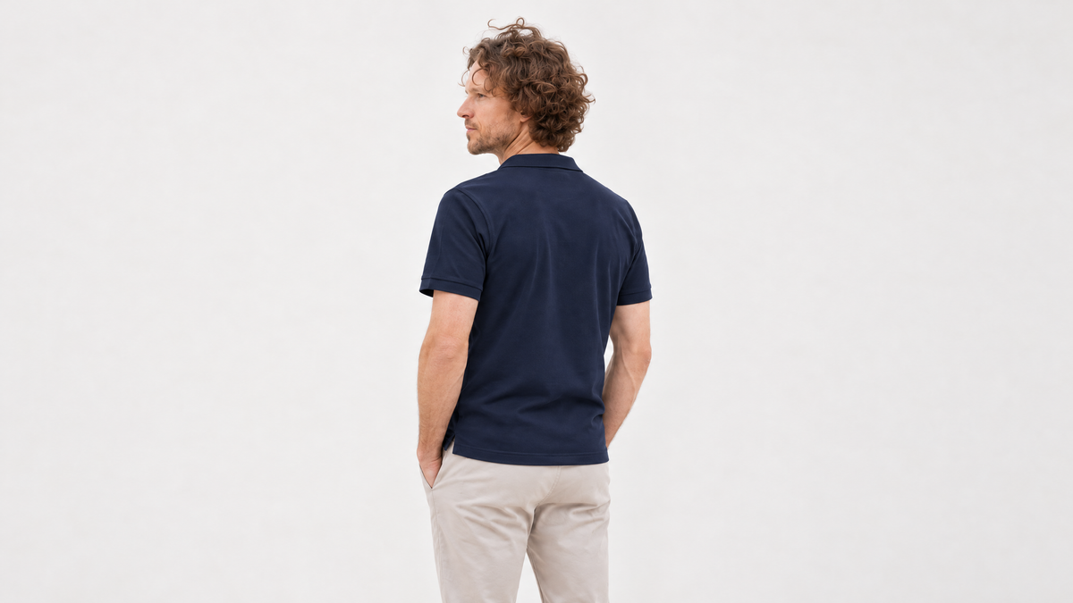 Hin wearing the navy slim-fit polo, seen from the rear with the full polo and stepped hem visible.