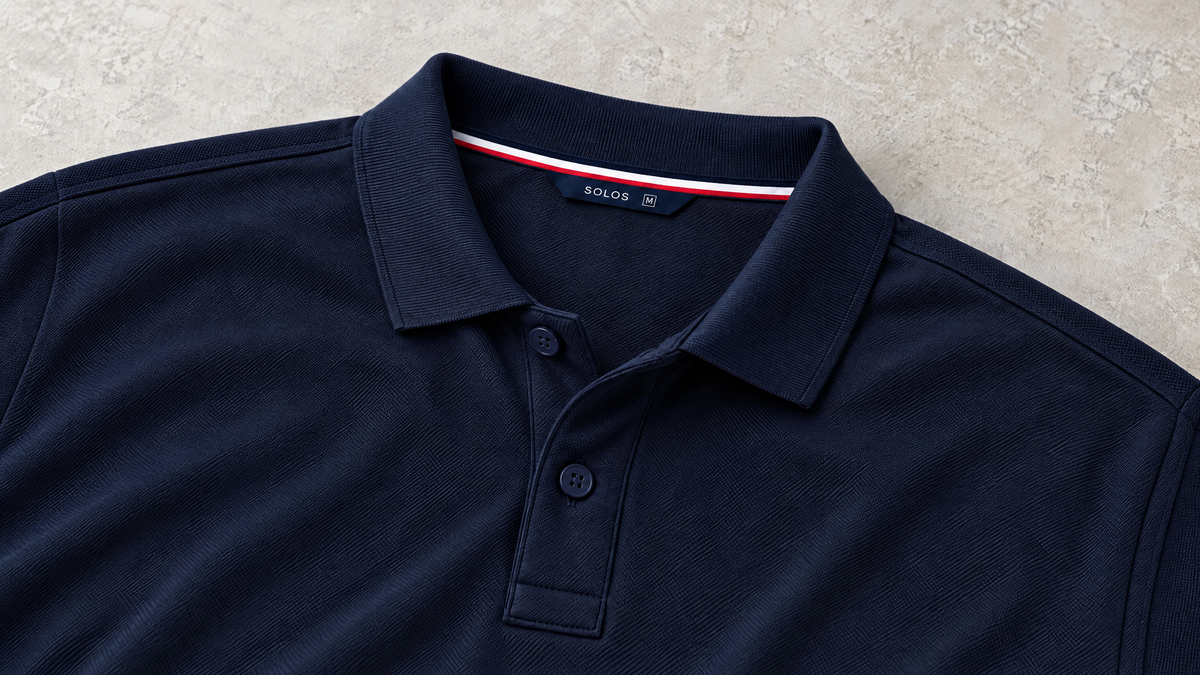 Navy SOLOS polo collar and two-button placket with striped neck tape and navy label on pale stone